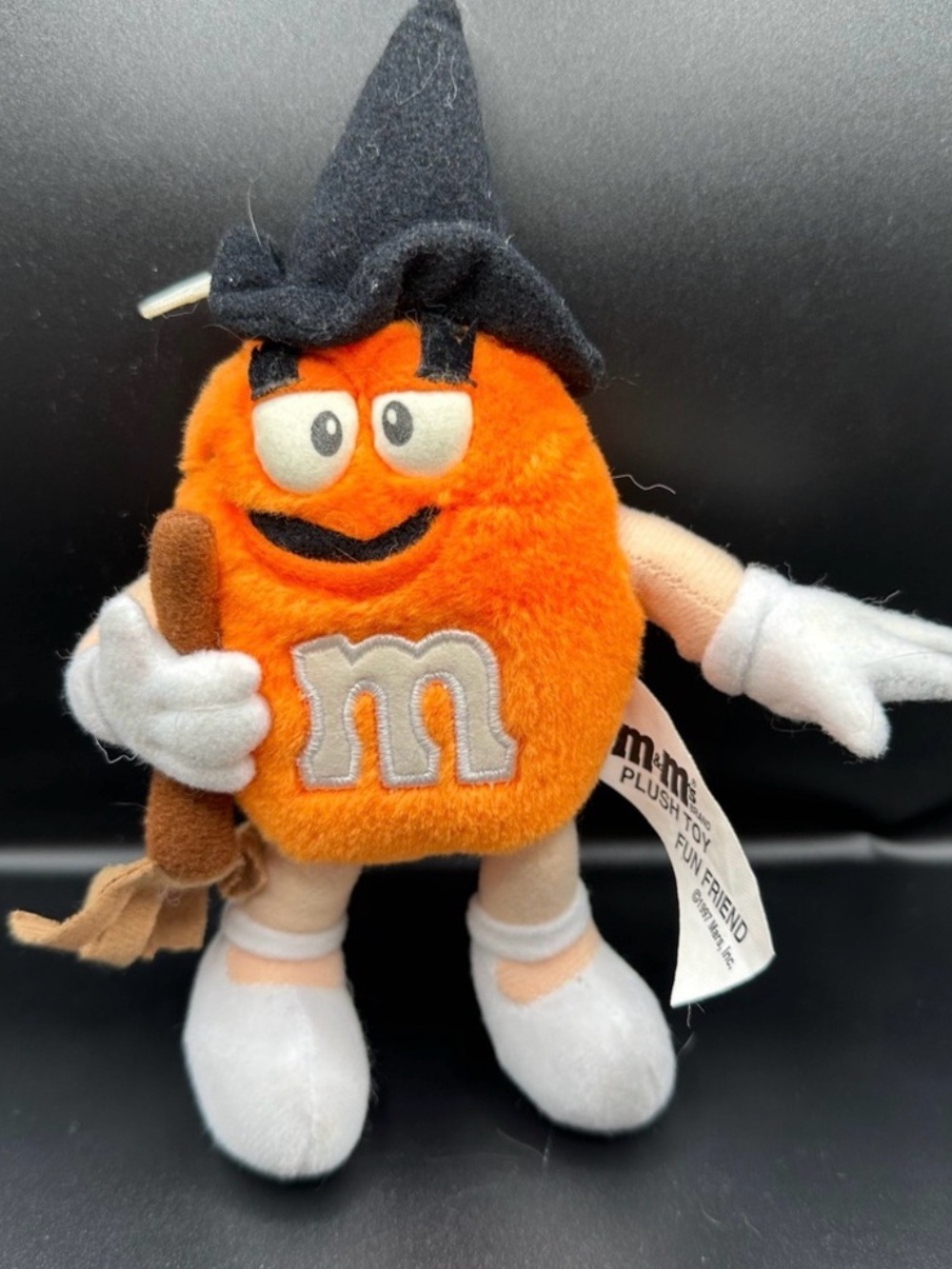 M&M'S Orange Plush Witch with Black Hat and White Gloves collectible 1997